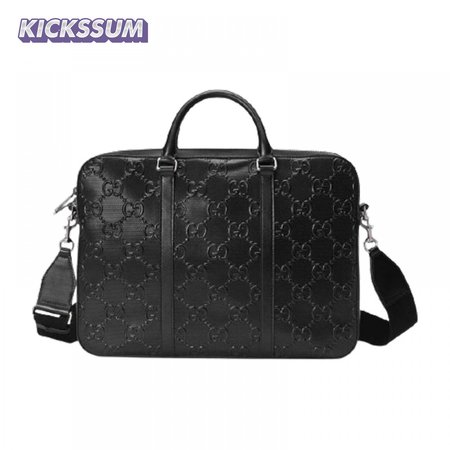 Gucci GG Embossed Briefcase Black Leather Cotton Linen Lining - GBC005