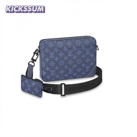 duo messenger bag navy blue monogram shadow cowhide leather - mb01