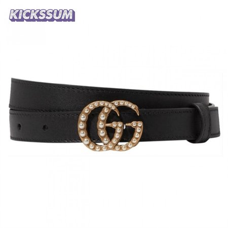 GUCCI BLACK FAUX PEARL-EMBELLISHED LEATHER BELT - B44
