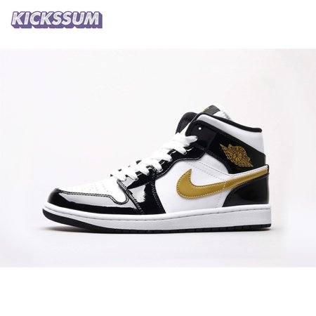 Air Jordan 1 Mid Patent Black White Gold Unisex