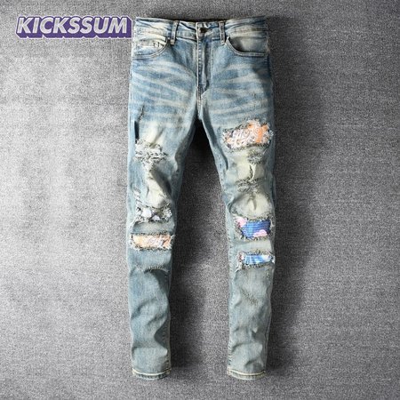 Amiri Bandanna Flower Rip Jeans Light Blue