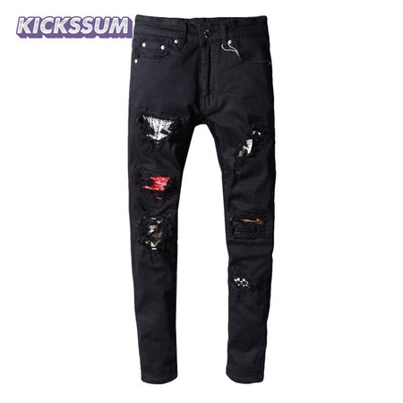 Amiri Bandanna Rip Jeans Black / Red / White