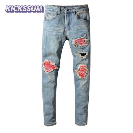Amiri Bandanna Rip Jeans Light Blue /Red