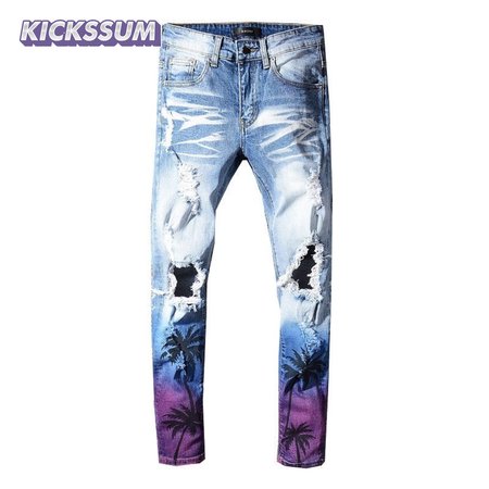 Amiri Palm Tree Jeans Light Blue/ White / Purple