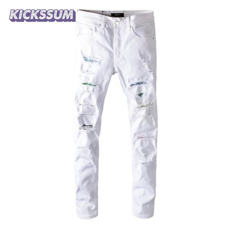 Amiri Rhinestone Rip Jeans White