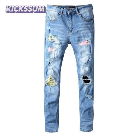 Amiri Rip Jeans Blue / Pink / Yellow