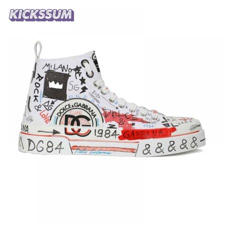 DOLCE AND GABBANA HAND-PAINTED GRAFFITI CANVAS PORTOFINO LIGHT MID-TOP SNEAKERS - DG111