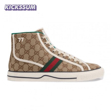 GUCCI TENNIS 1977 HIGH-TOP SNEAKERS IN BEIGE AND EBONY GG CANVAS - GC100